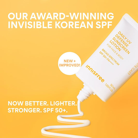 Innisfree Daily UV Defense SPF 50+ PA++++ Korean Face & Body Sunscreen, Broad Spectrum, Invisible Finish, No White Cast, Lightweight, Hydrating