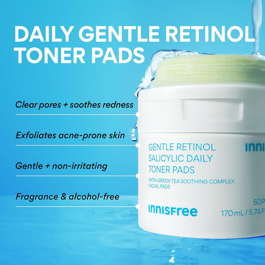Innisfree Daily Gentle Retinol Salicylic Toner Pads | Korean Sheet Mask Pads with Hyaluronic Acid, BHA, and Niacinamide for Acne-Prone Skin Care | 60 Pads
