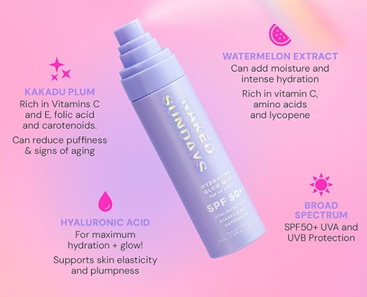 Naked Sundays SPF50+ Hydrating Glow Mist Setting Spray Sunscreen Infused with Hyaluronic Acid & Watermelon Extract for Glass Skin Glow