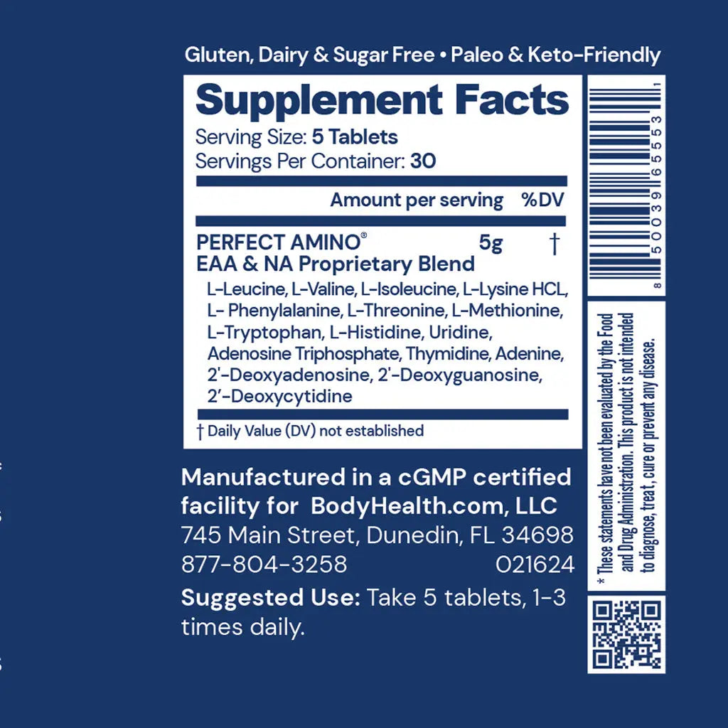 BODYHEALTH Perfect Amino Tablets - Essential Amino Acids & Bcaas Muscle Recovery Protein without Caloric - Vegan, No Gluten, Dairy, Soy, Sugar Supplement, Optimum Protein Health & Fitness Healthcare Dietary, Protein Powder, Gym, Collagen
