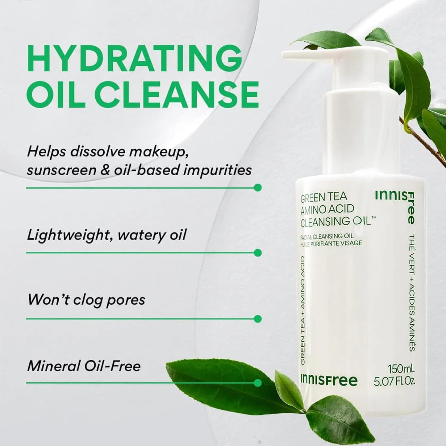 Innisfree Green Tea Amino Acid Cleansing Foam, Sulfate-Free Hydrating Korean Face Wash, Gentle Lather, Ph-Balanced Skincare