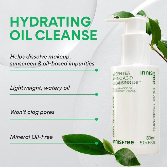 Innisfree Green Tea Amino Acid Cleansing Oil | Hydrating Korean Face Wash with Jojoba for Double Cleansing | Gentle Makeup Remover | Sunscreen Dissolving Formula