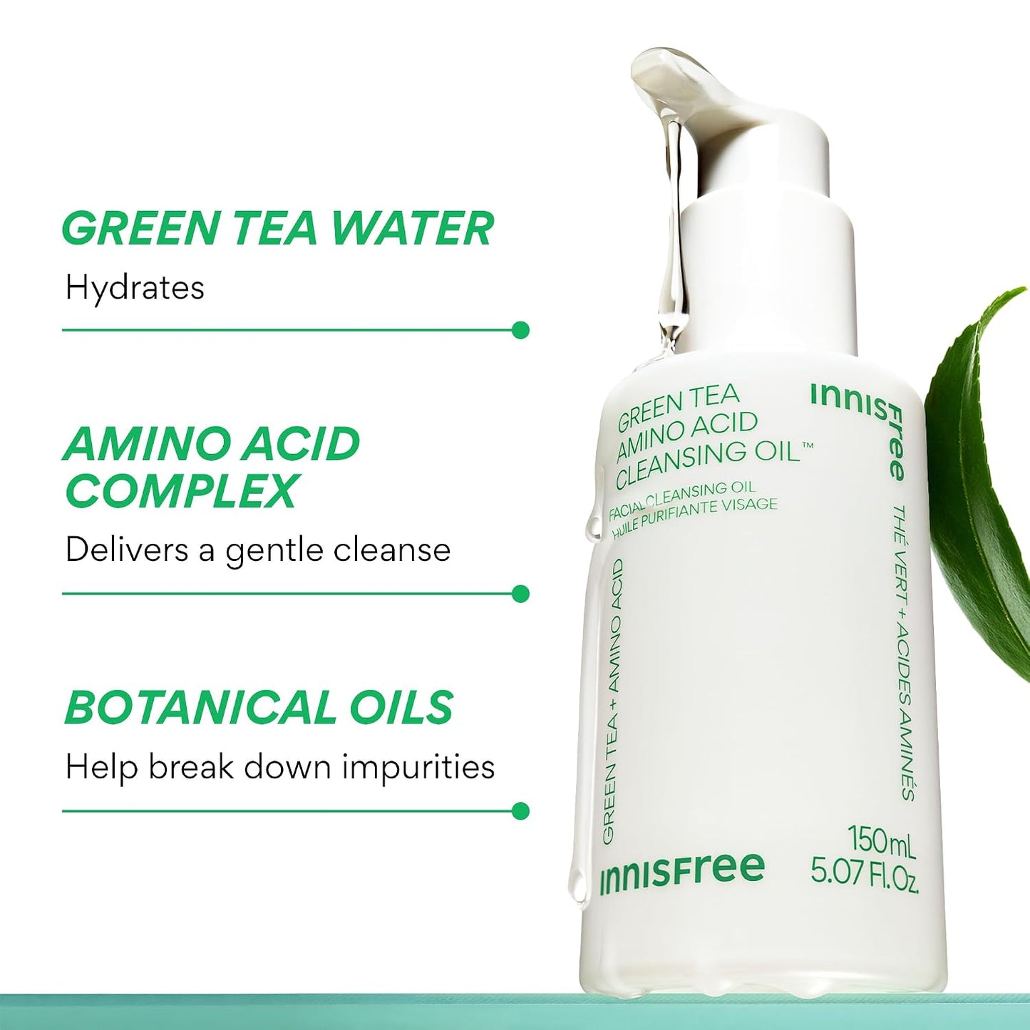 Innisfree Green Tea Amino Acid Cleansing Oil | Hydrating Korean Face Wash with Jojoba for Double Cleansing | Gentle Makeup Remover | Sunscreen Dissolving Formula