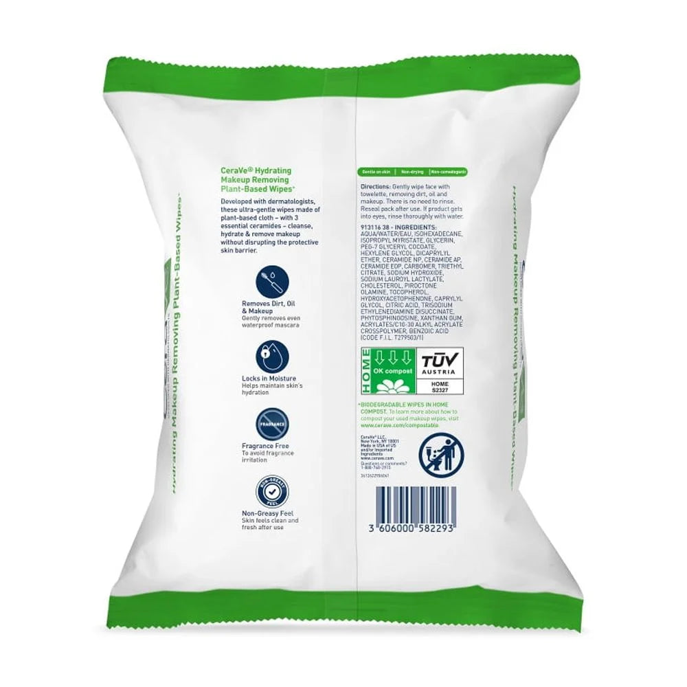 Makeup Remover Hydrating Plant-Based Fragrance Free Non-Comedogenic Sensitive Skin Tested Biodegradable Wipes, 25 Count