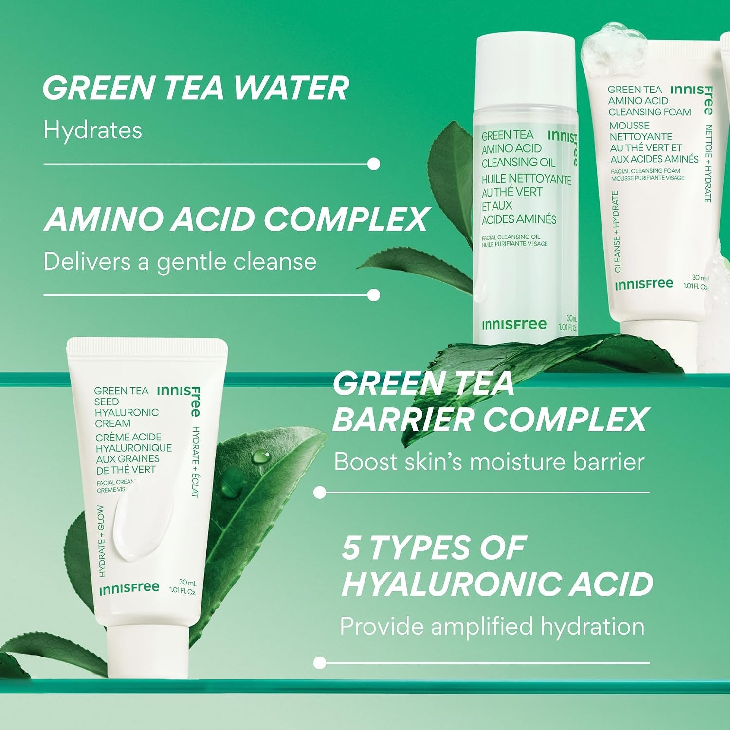 Innisfree Green Tea Amino Acid Cleansing Foam, Sulfate-Free Hydrating Korean Face Wash, Gentle Lather, Ph-Balanced Skincare