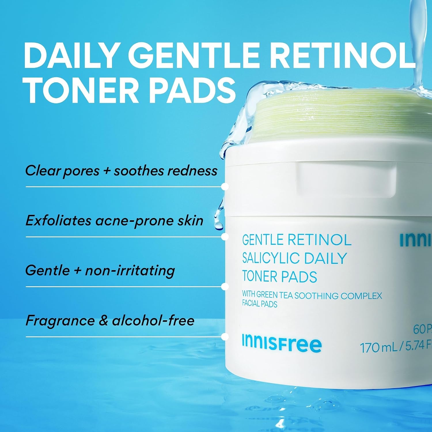 Innisfree Daily Gentle Retinol Salicylic Toner Pads | Korean Sheet Mask Pads with Hyaluronic Acid, BHA, and Niacinamide for Acne-Prone Skin Care | 60 Pads