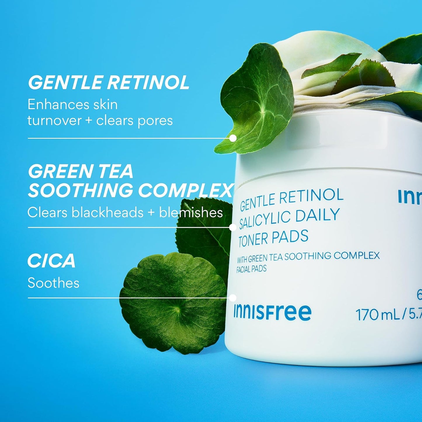 Innisfree Daily Gentle Retinol Salicylic Toner Pads | Korean Sheet Mask Pads with Hyaluronic Acid, BHA, and Niacinamide for Acne-Prone Skin Care | 60 Pads