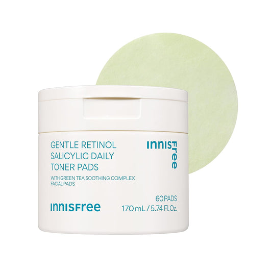 Innisfree Daily Gentle Retinol Salicylic Toner Pads | Korean Sheet Mask Pads with Hyaluronic Acid, BHA, and Niacinamide for Acne-Prone Skin Care | 60 Pads